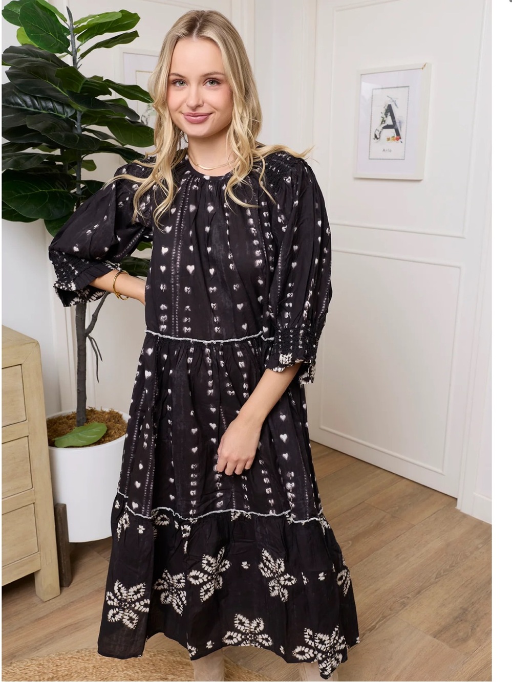Bohera Gypsy Heart Midi Dress in Midnight Ink Small Lightweight Summer Smocked